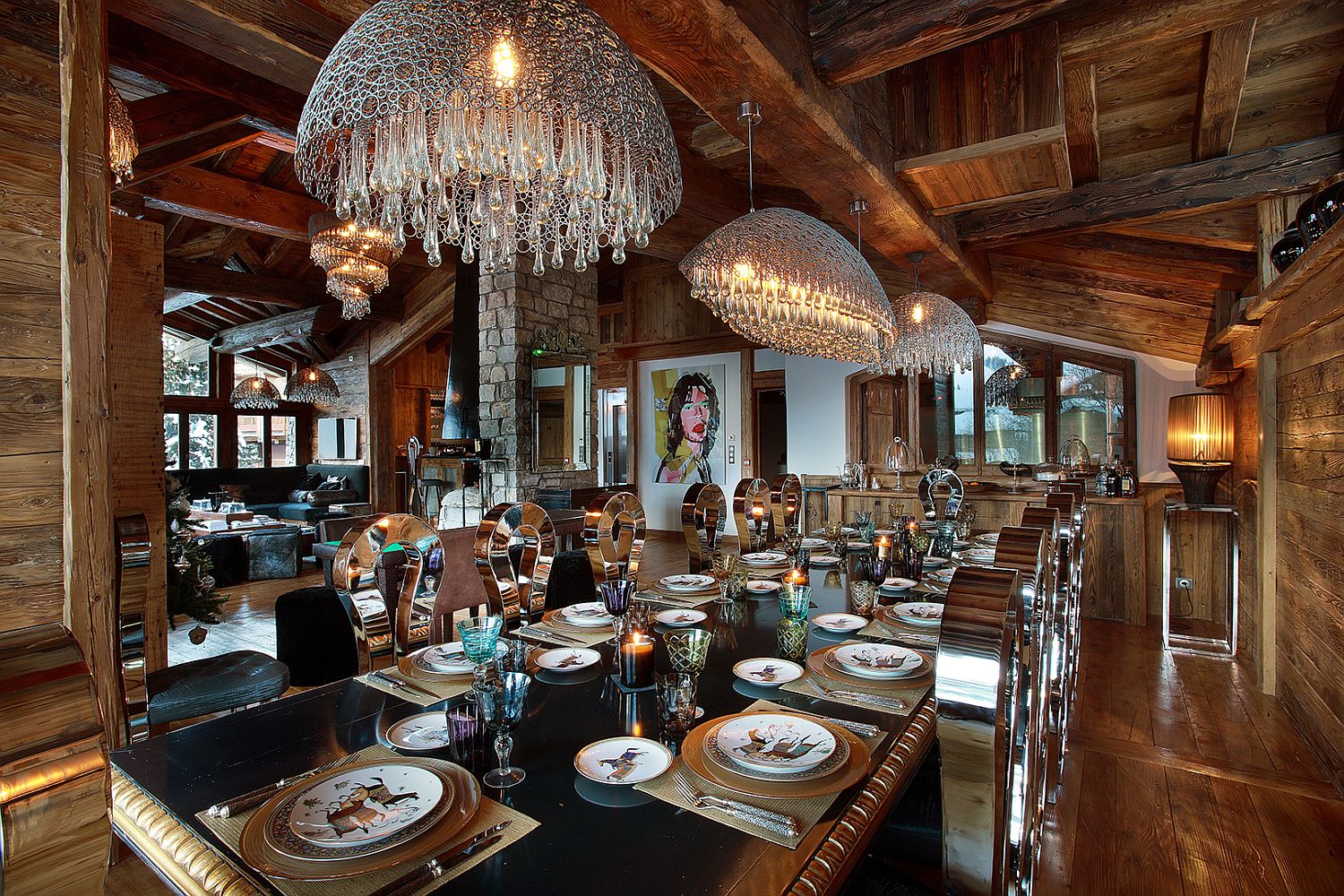 Spacious dining area with sparkling chandeliers