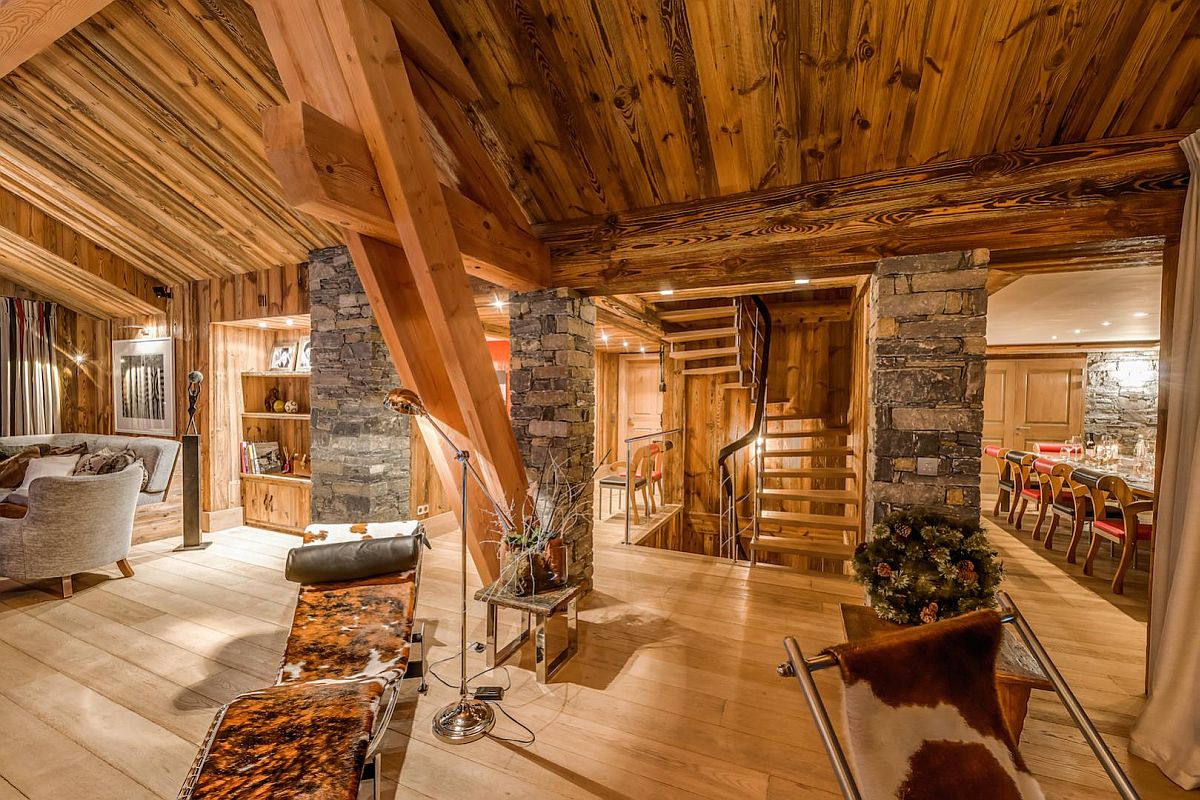 Stone walls and wood ceiling of the luxury ski chalet