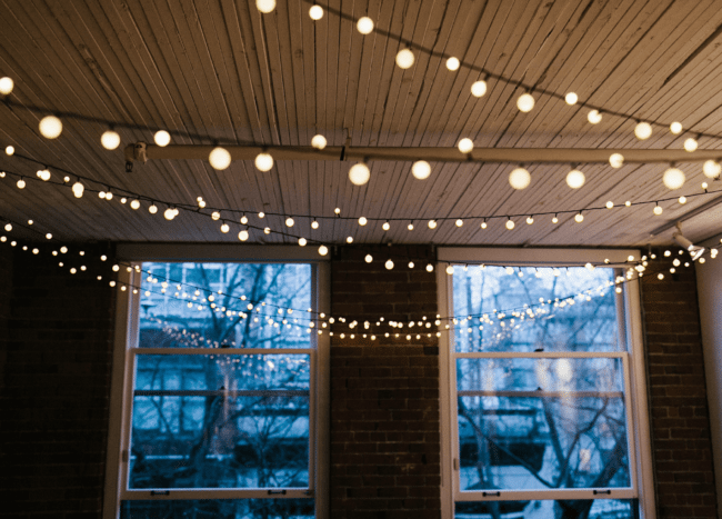 string lights living room wall