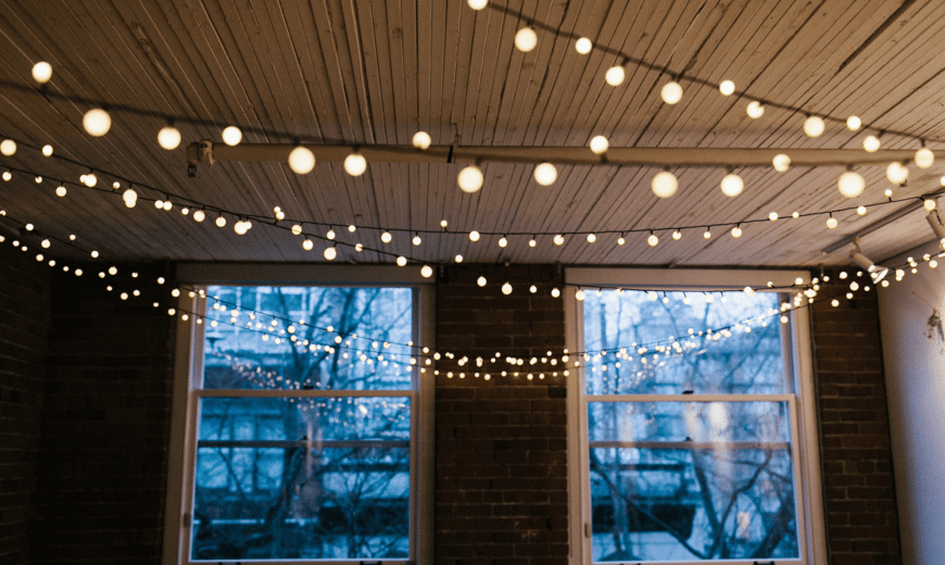 String lights on a ceiling