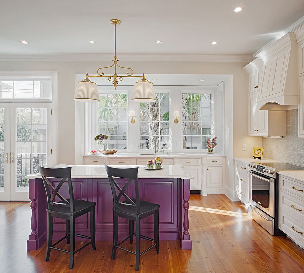 Traditional kitchen island in purple with a white top