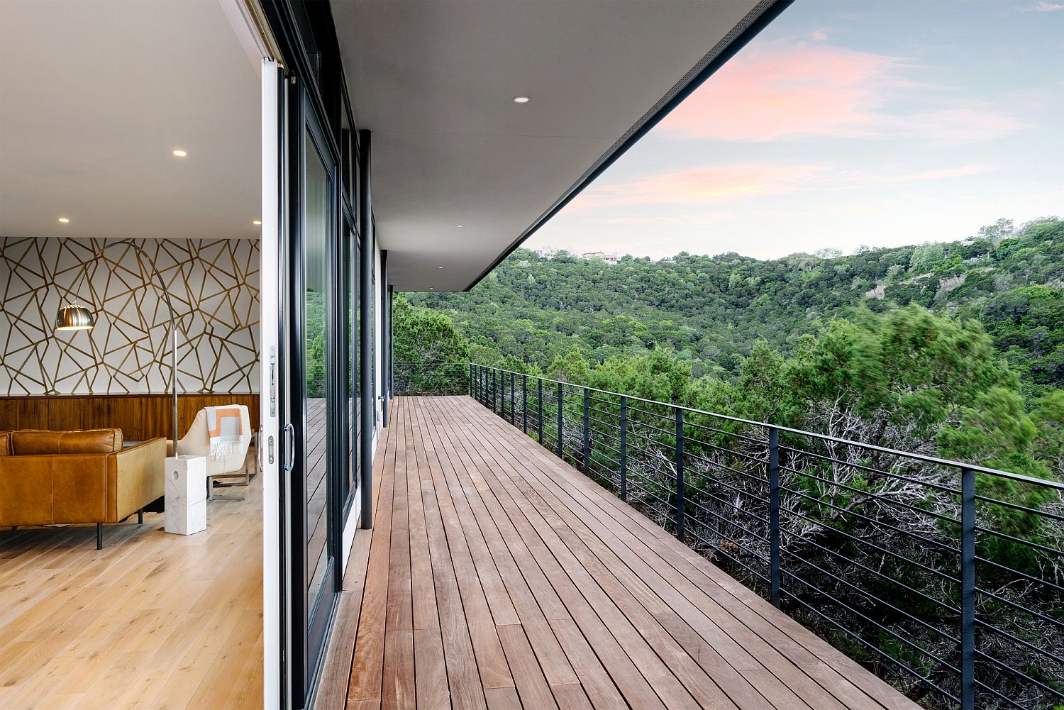 Wooden deck of the RoadRunner Residence connected with the living room