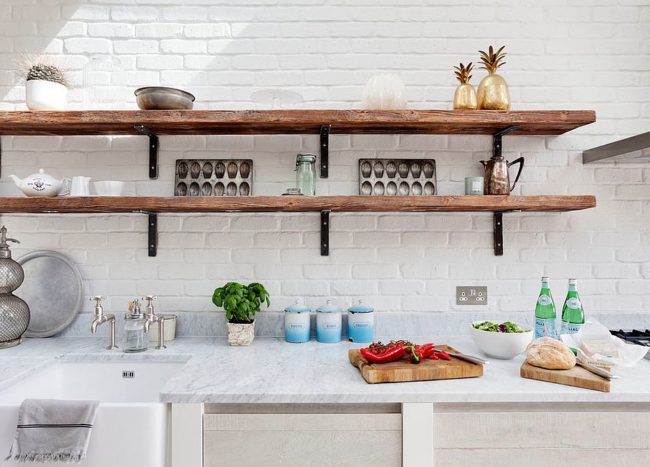 20 Rustic Kitchen Shelving Ideas With Timeless Rugged Charm   All White Kitchen With Slim And Rustic Open Shelves 650x467 