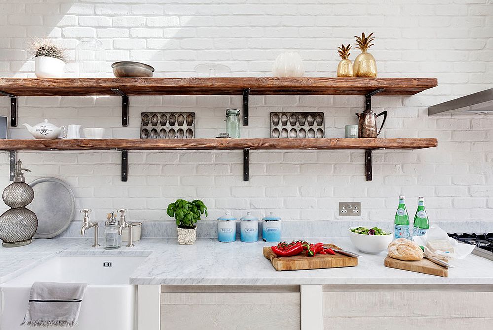 All-white kitchen with slim and rustic open shelves