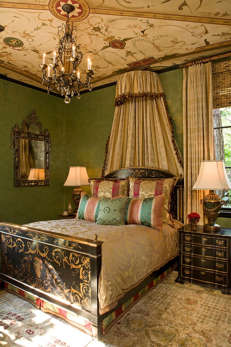 Classic Chandelier Visually Complements The Painted Ceiling Of The Victorian Bedroom 