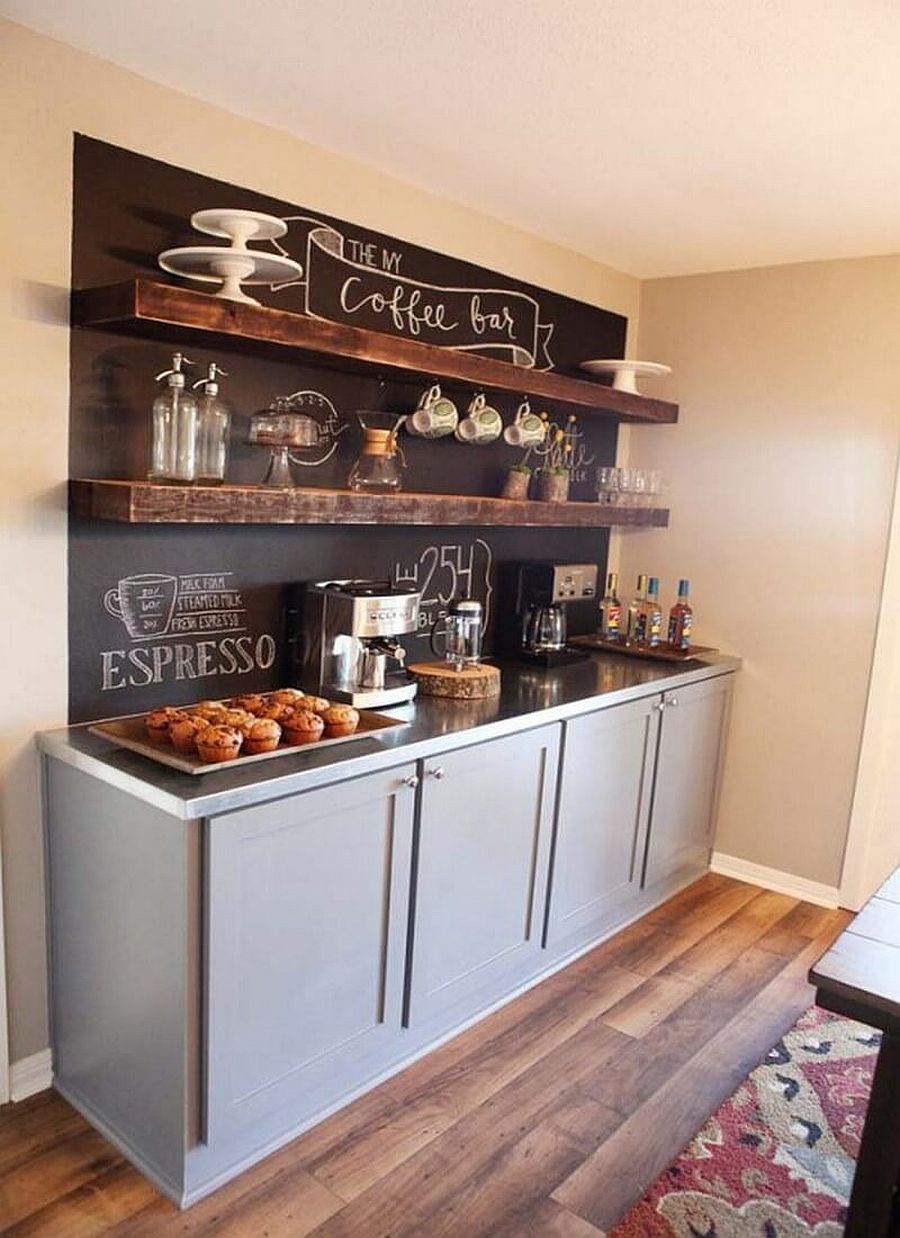 Coffee bar in the kitchen with chalkboard wall and floating wooden shelves