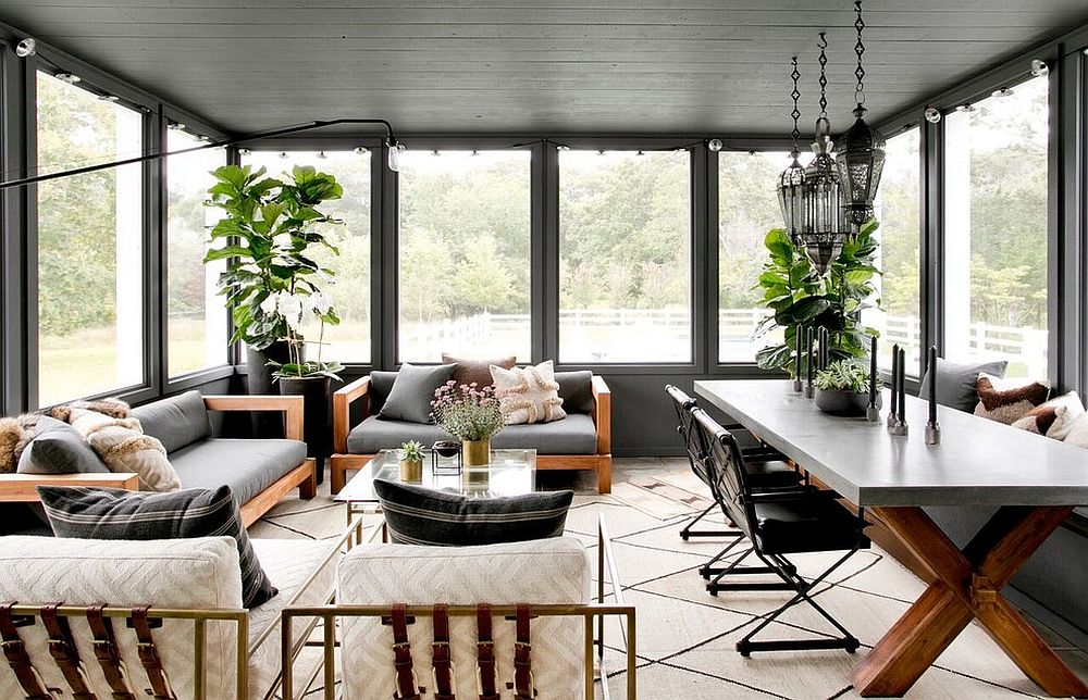 Contemporary and farmhouse styles come together inside this elegant sunroom