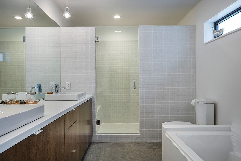 Contemporary bathroom in gray with a large wooden vanity