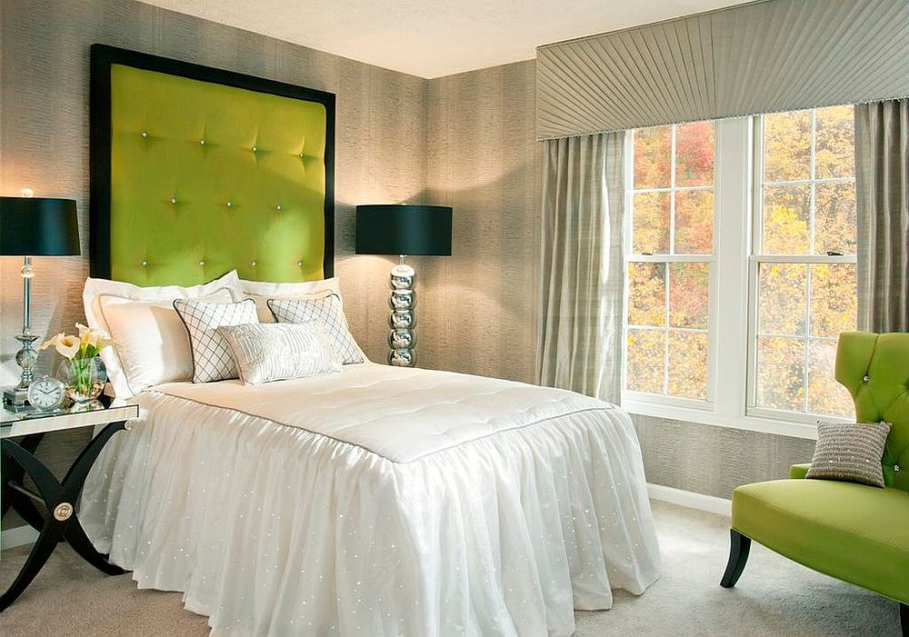 Contemporary guest room with lovely pops of apple green and space-savvy design