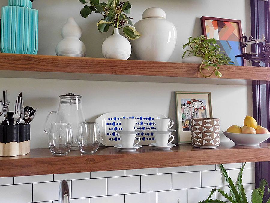 Decorating floating wooden shelves in the kitchen in style
