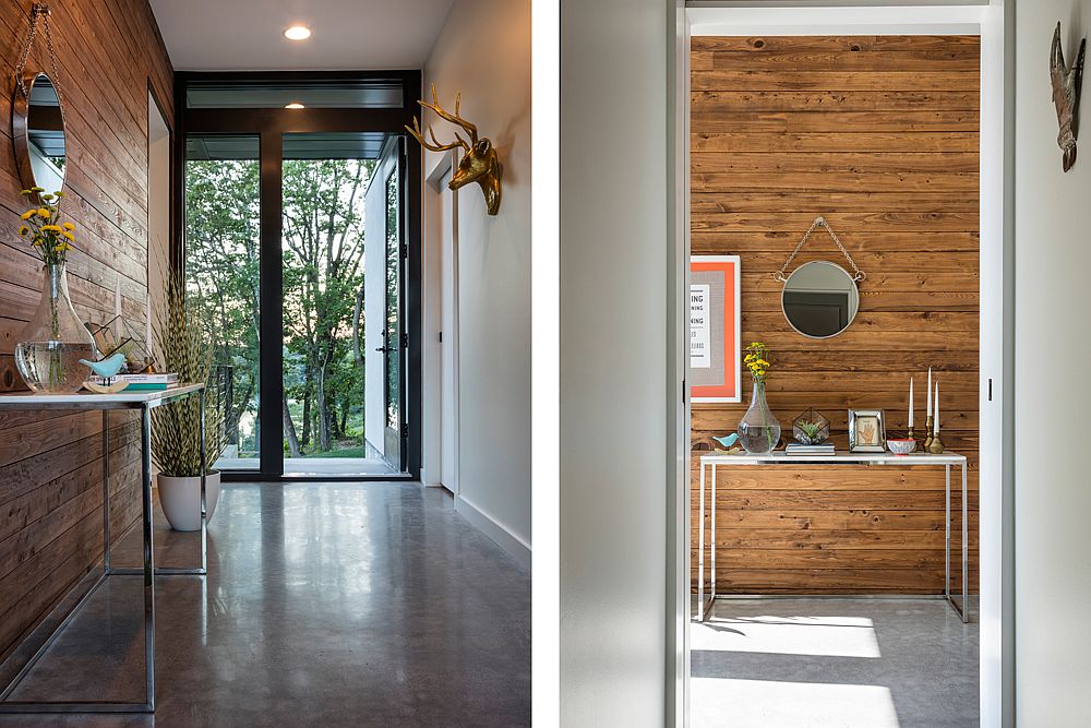 Entryway-clad-in-wood-with-a-slim-console-table