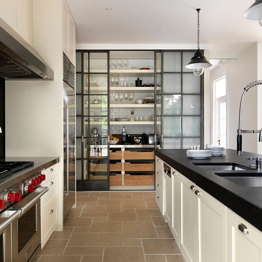 Expansive-kitchen-pantry-with-industrial-style-glass-doors