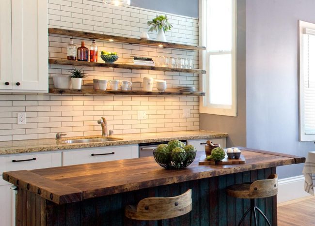 20 Rustic Kitchen Shelving Ideas With Timeless Rugged Charm   Exquisite Kitchen With Wooden Shelves LED Lighting And A Rustic Island 650x467 