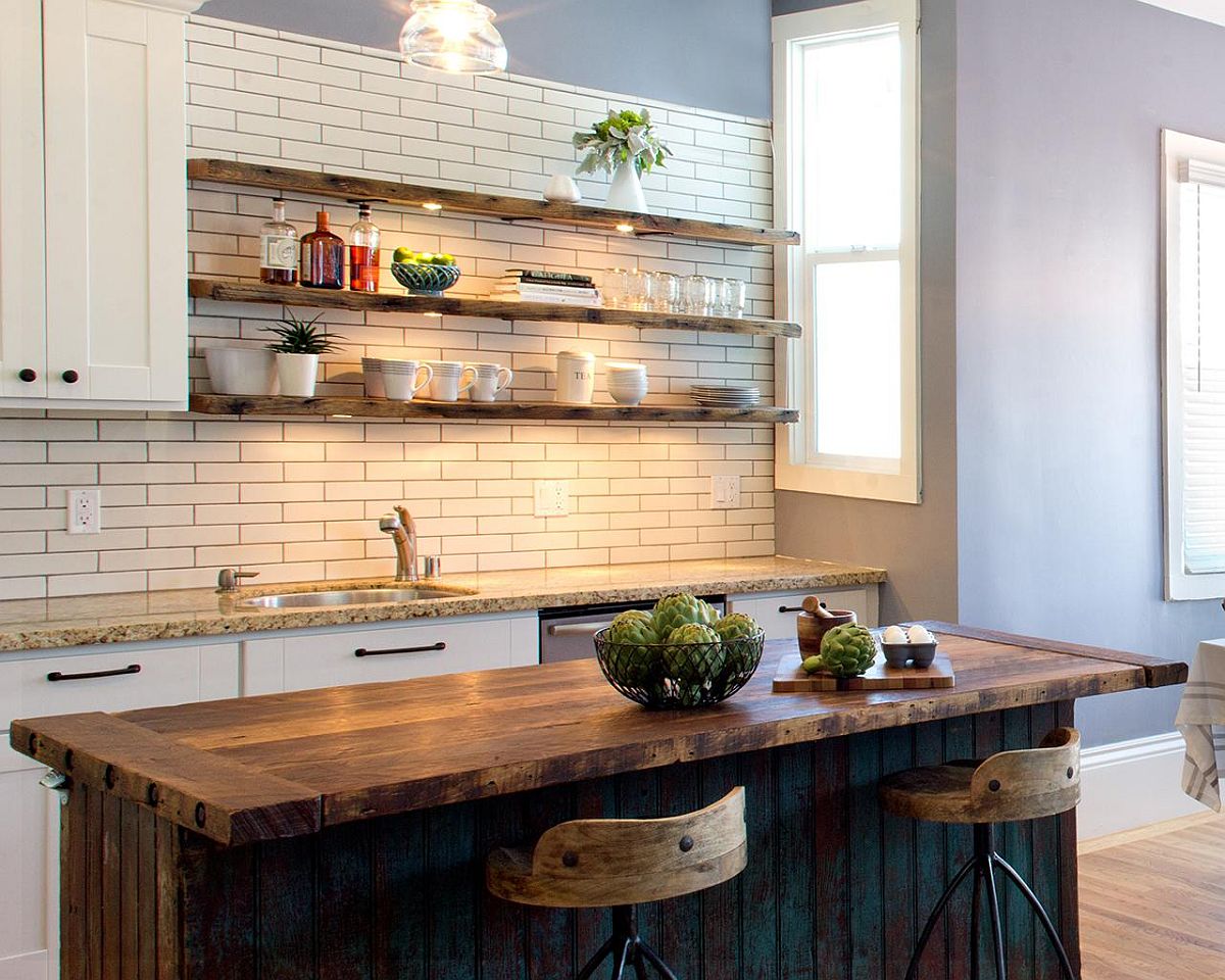 Kitchen with store wood shelves