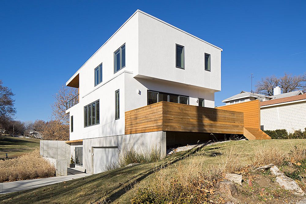 Extended wooden balcony of the modern home