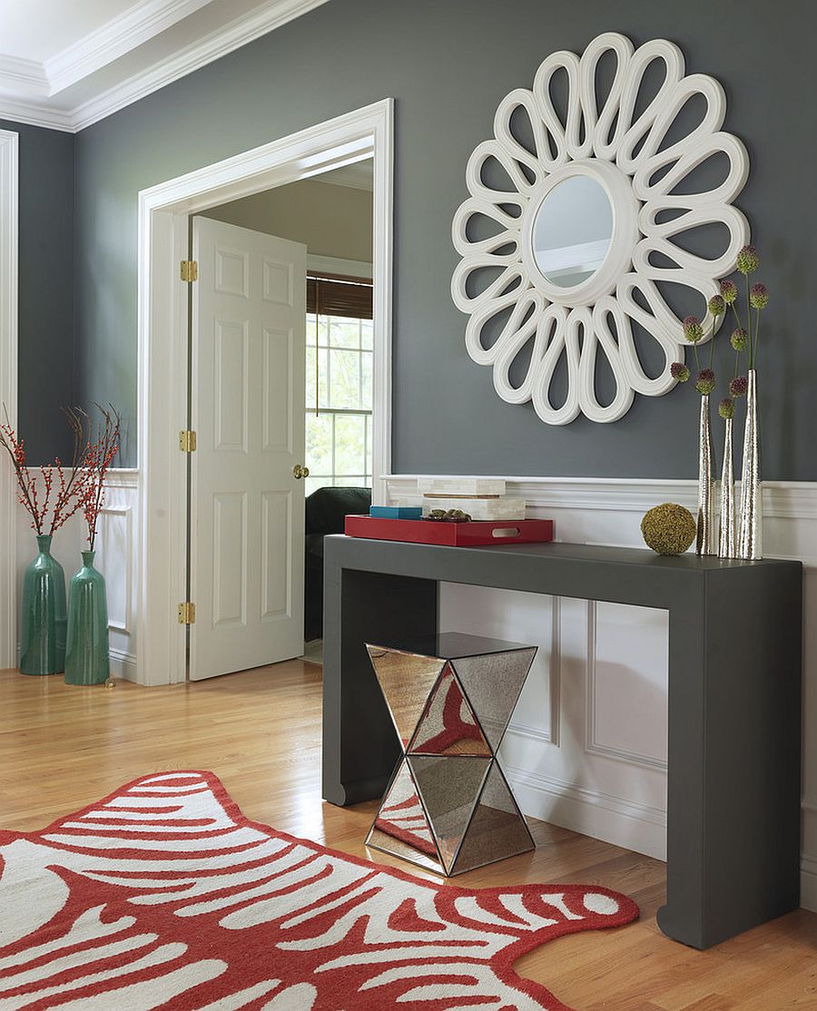 Fabulous entry in gray with pops of red and lovely Wildwood Medium Slender vases in the corner