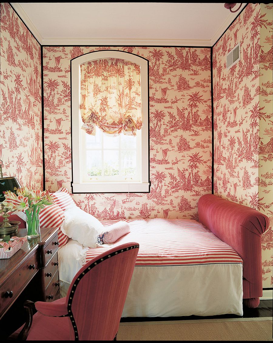 Fabulous wallpaper and small bed turn the corner niche into a lovely bedroom