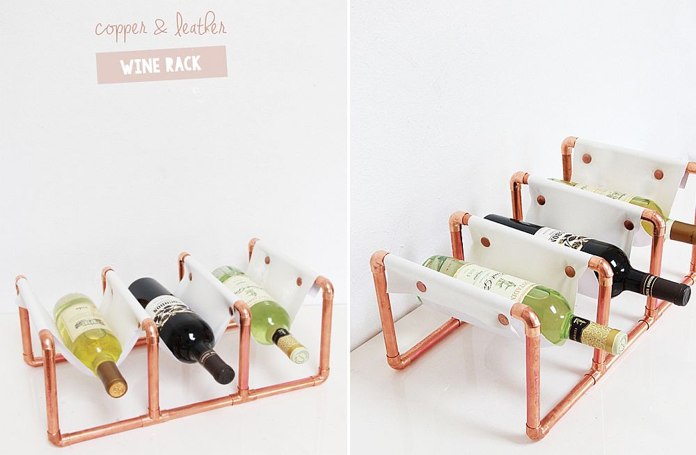 Fashionable copper and leather wine rack DIY