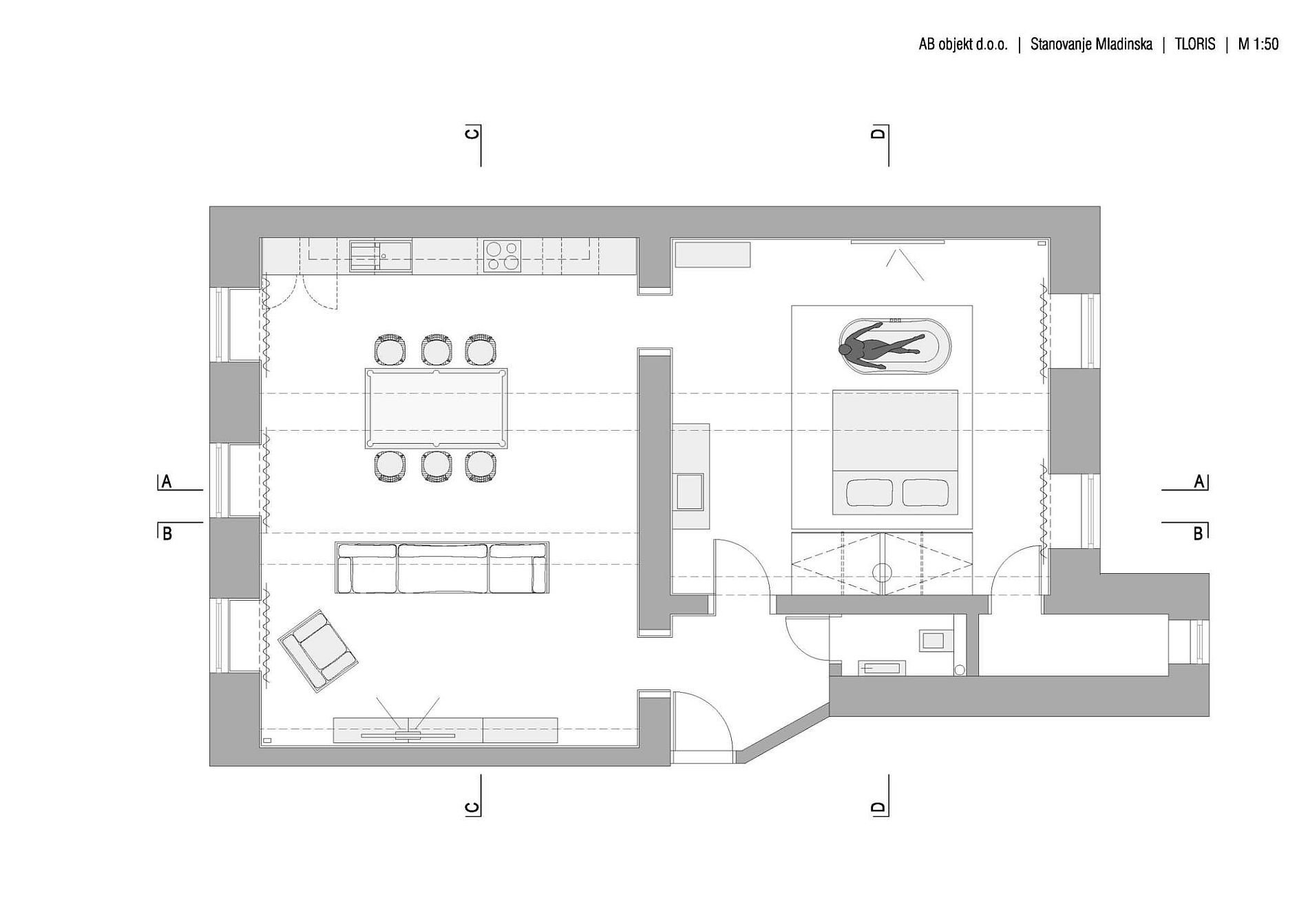 Floor plan of the renovated Slovenia apartment with brick walls