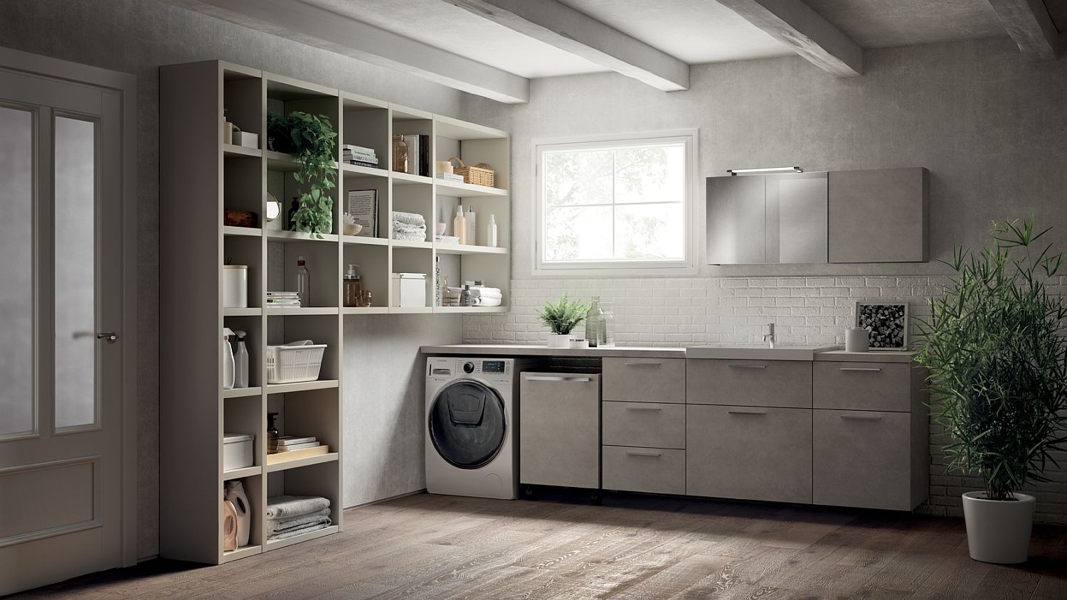 Fluida wall system combined with refined bathroom setting and smart laundry space