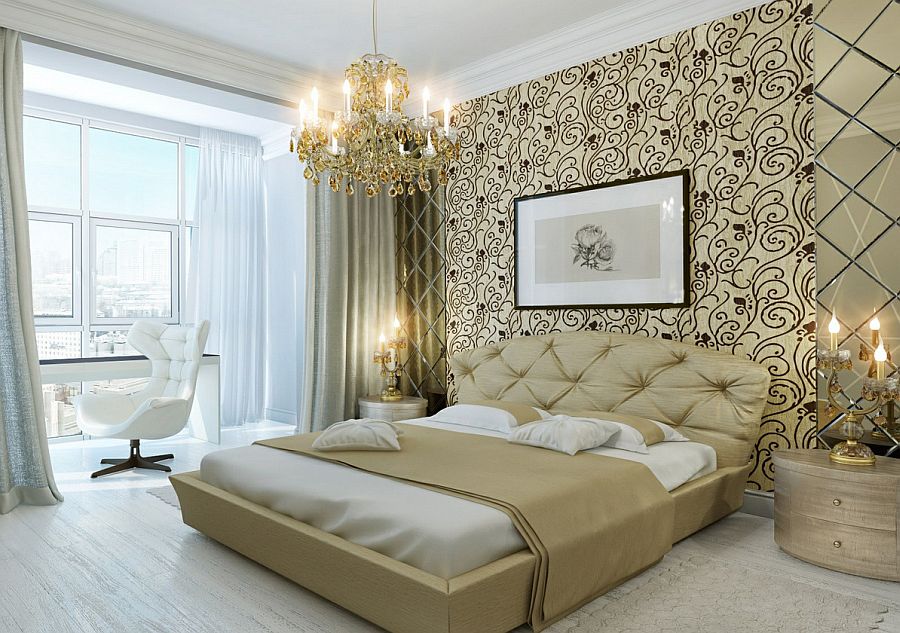 Glittering gold crystal chandelier brings an air of opulence to this master bedroom