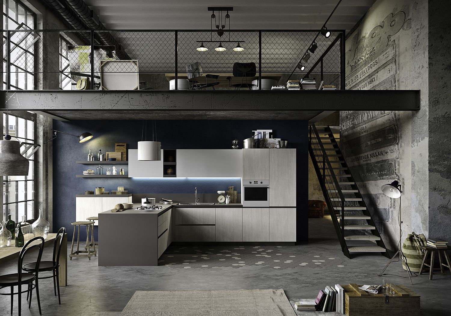 Industrial-and-minimal-kitchen-in-gray-with-blue-backdrop