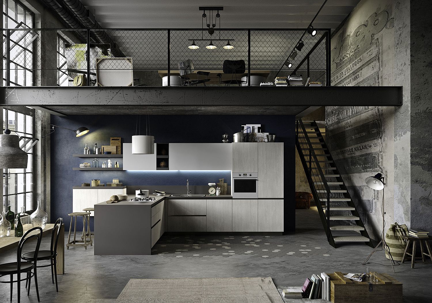 Industrial and minimal kitchen in gray with blue backdrop