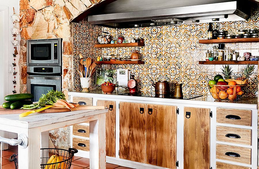 It is the kitchen island and open shelves that bring rustic charm to this eclectic kitchen