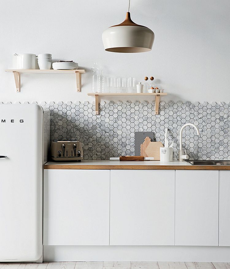 Kitchen backsplash with hexagonal tiles adds contrast without altering color scheme