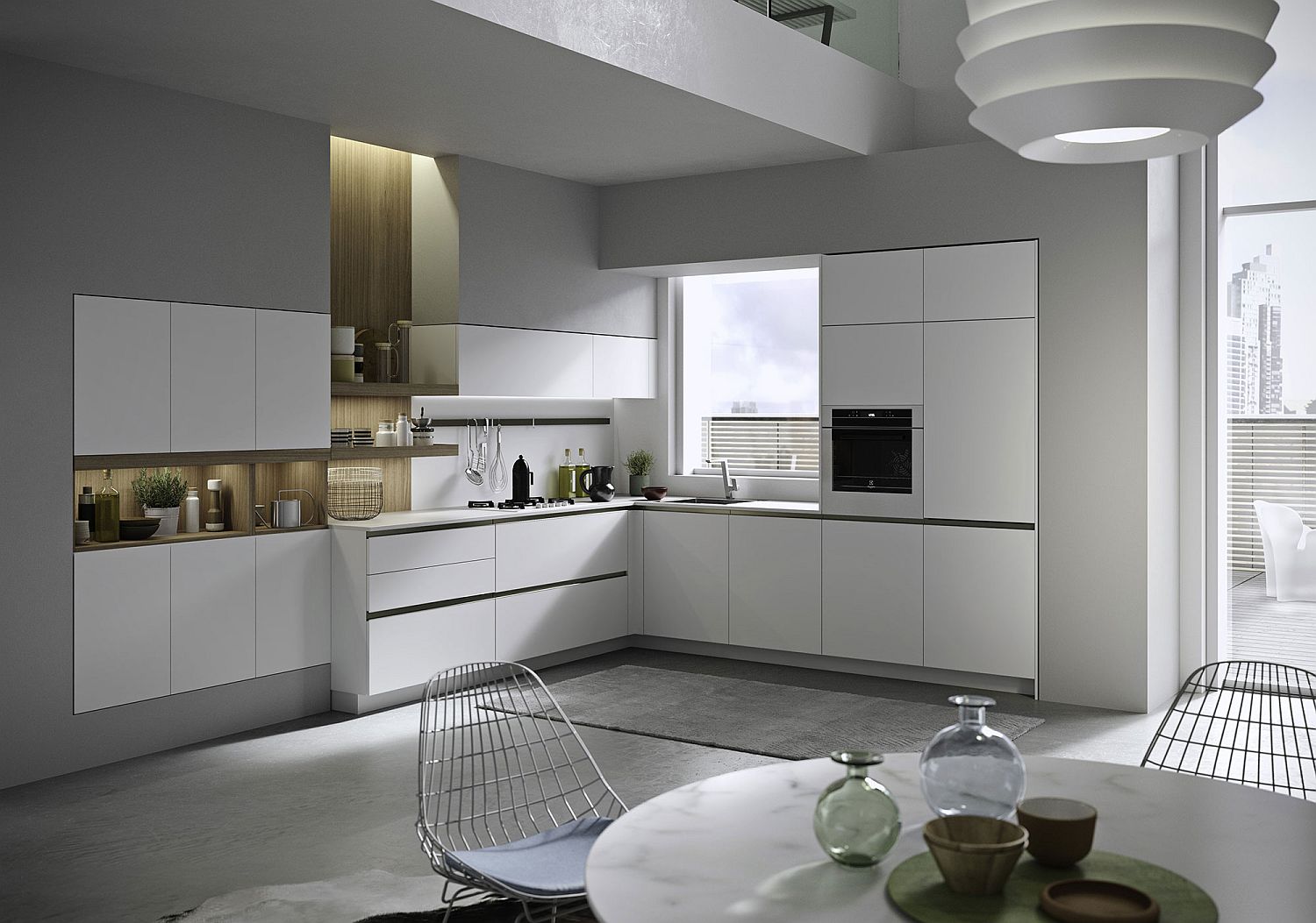 L-shaped wall kitchen in white with wooden backsplash