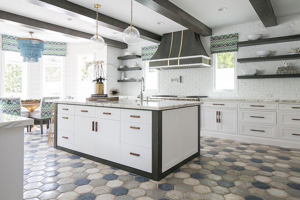 Light-filled and spacious modern kitchen with hexagonal floor tile