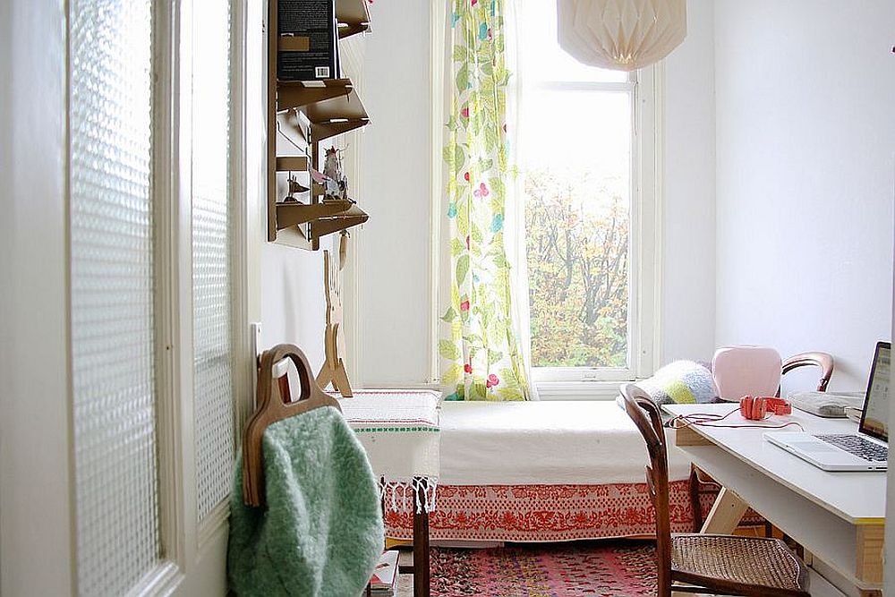 Light-filled guest room with shabby chic style