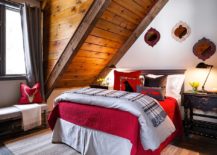 Log cabin style guest bedroom with pops of red 217x155 15 Small Guest Room Ideas with Space Savvy Goodness