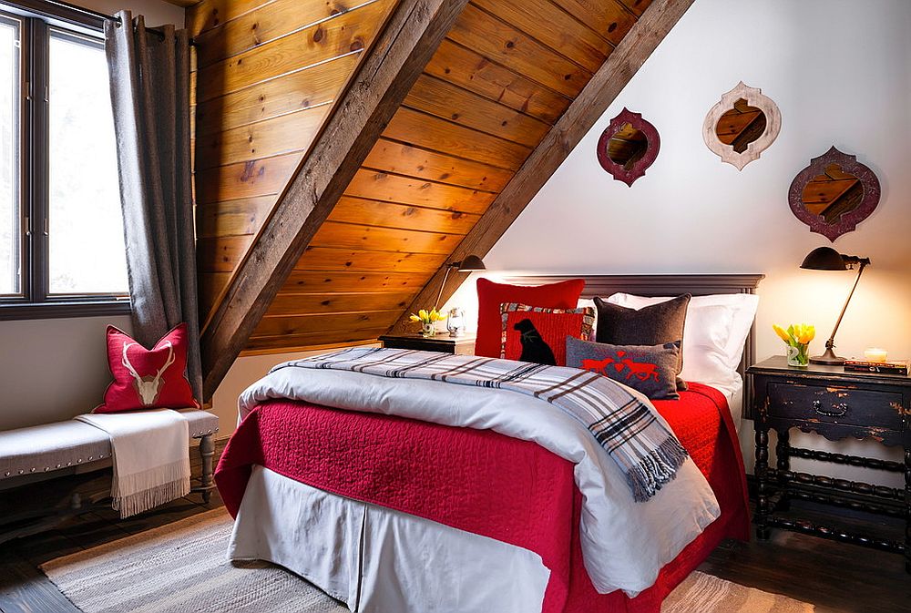 Log-cabin-style-guest-bedroom-with-pops-of-red