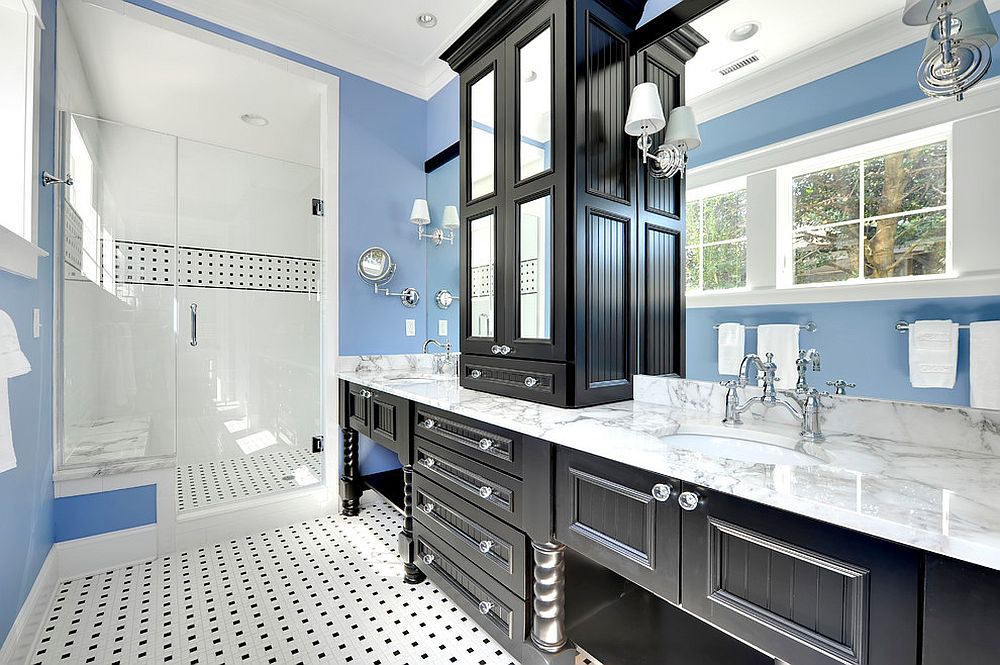 Modern beach style bathroom with custom dark vanity