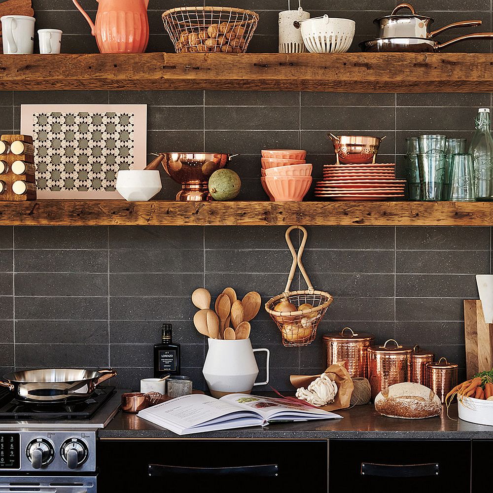 Modern-farmhouse-kitchen-with-rustic-shelving-and-a-dark-backdrop