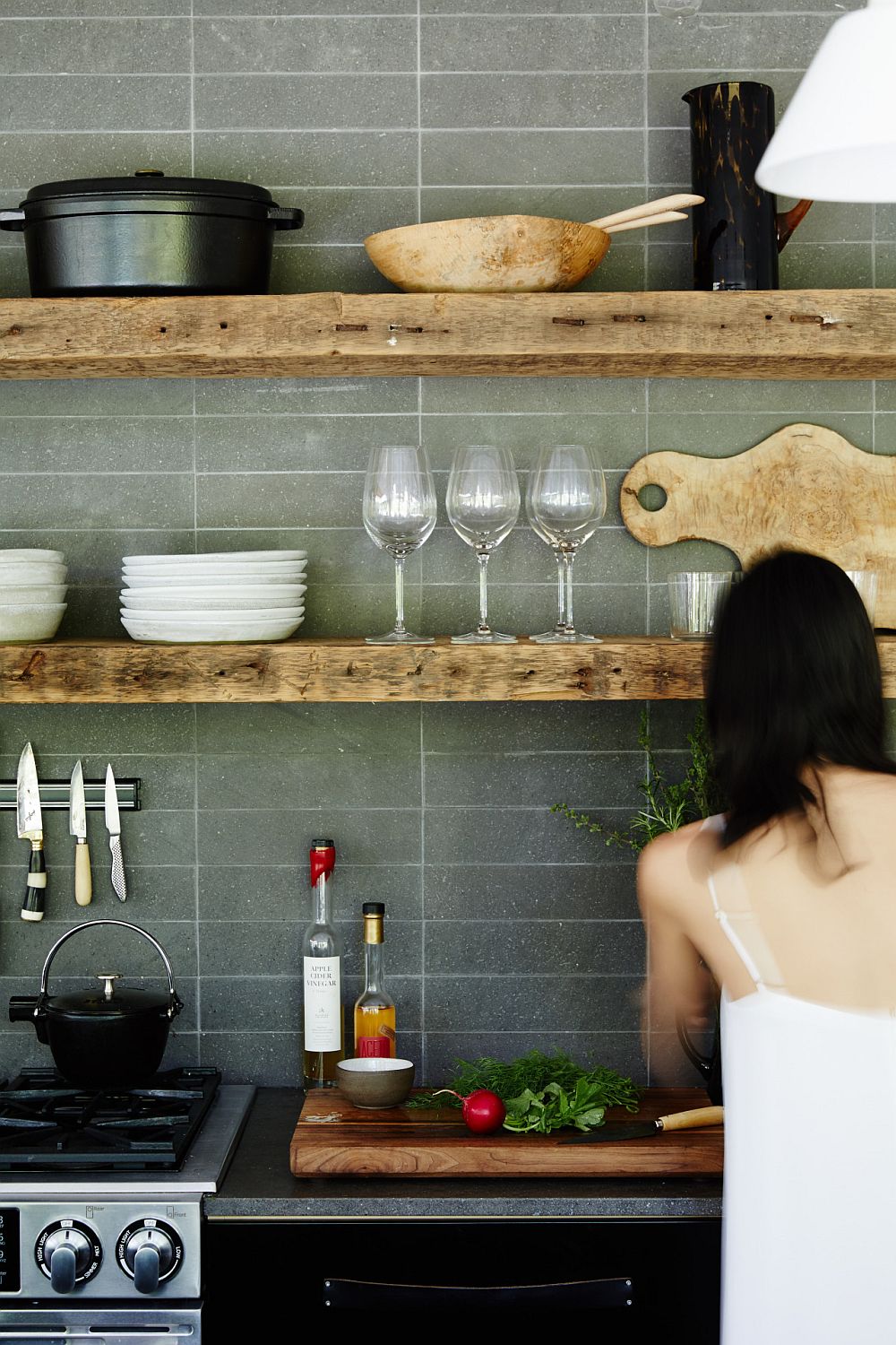 Modern gray kitchen with simple rustic shelves