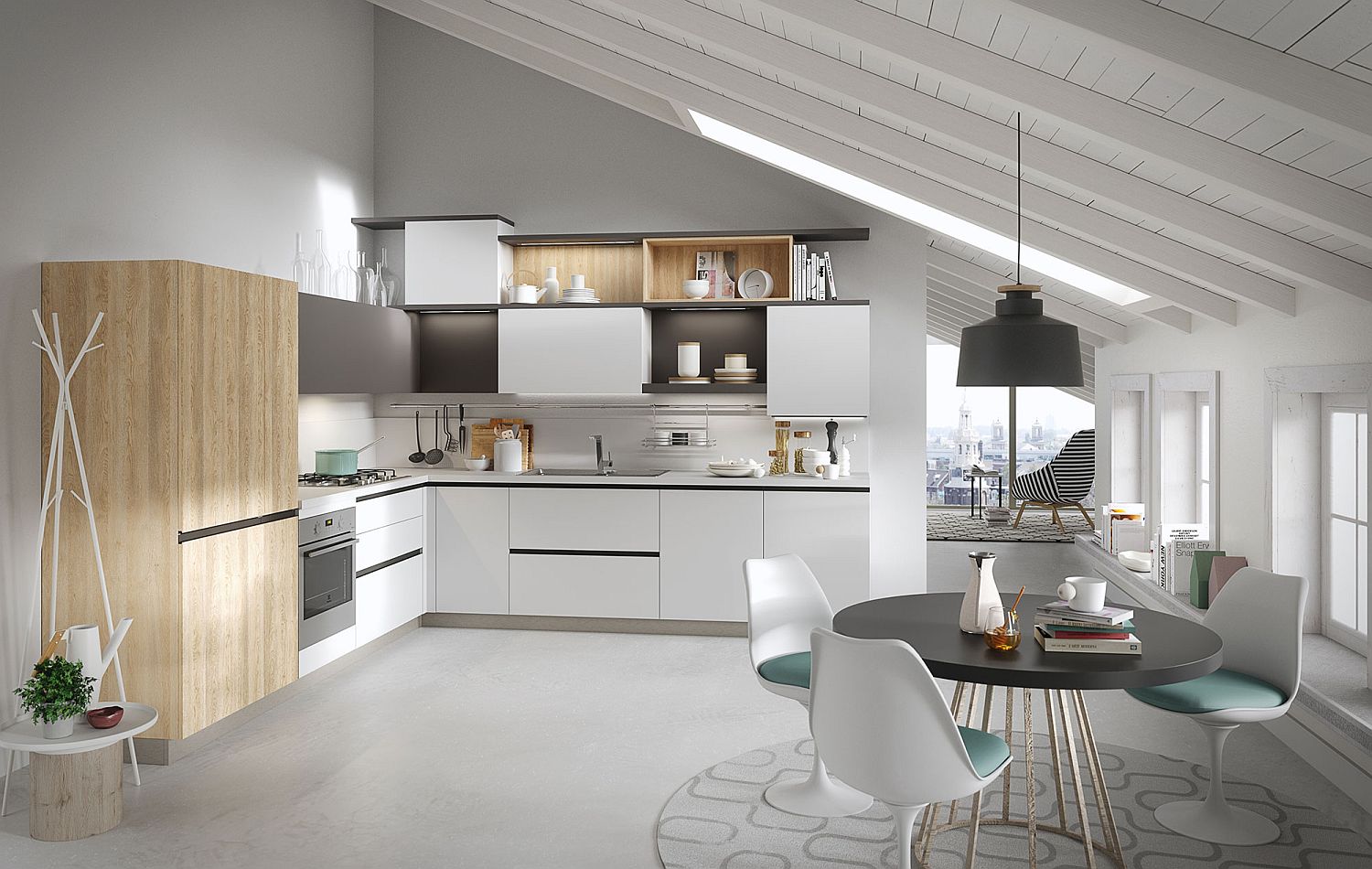 Modern-minimalist-kitchen-in-white-and-wood-with-small-dining-zone