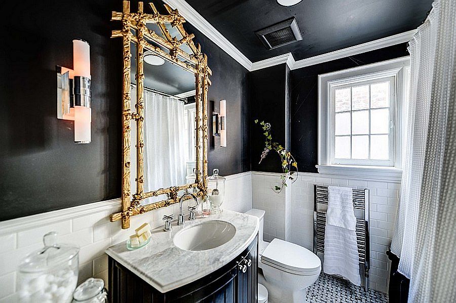 Modern-retro-bathroom-idea-in-black-and-white-with-pops-of-gold