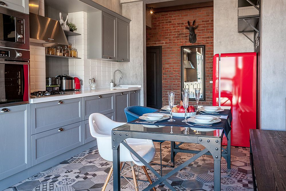 Monochromatic and hexagonal floor tiles with pattern for the industrial kitchen