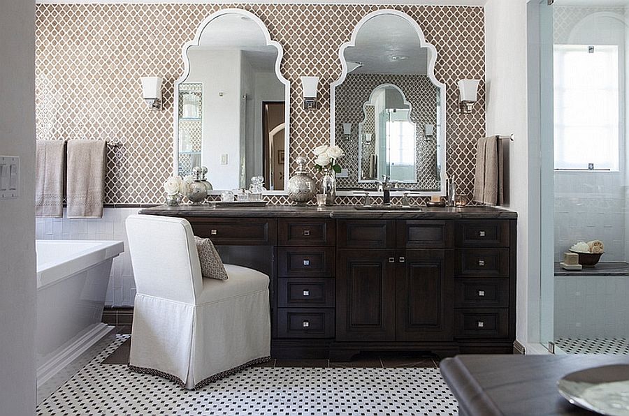 Moroccan-style-bathroom-with-modern-appeal-and-vanity-in-dark-wood