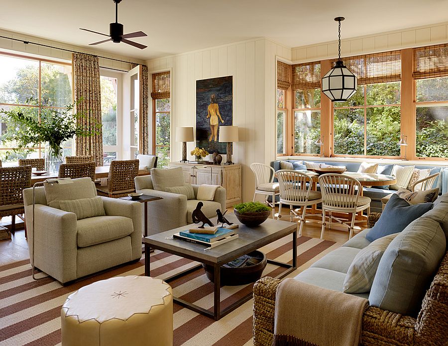 Open plan living area with striped rug and classic appeal