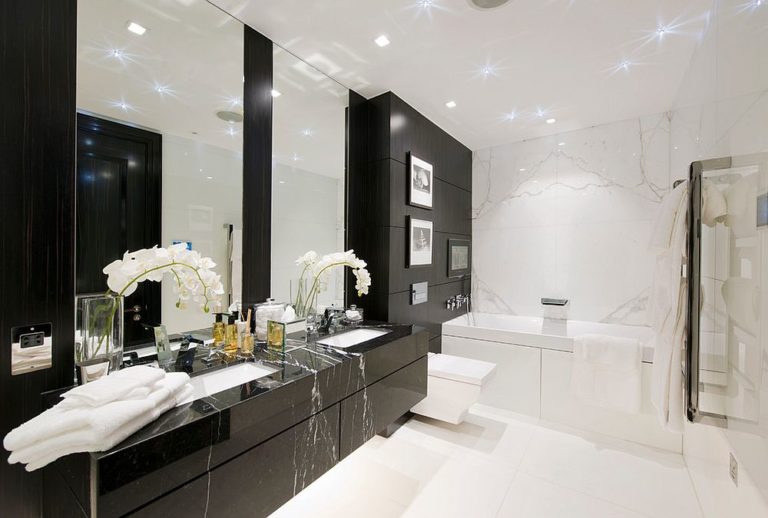 Gray Bathroom With Black Vanity