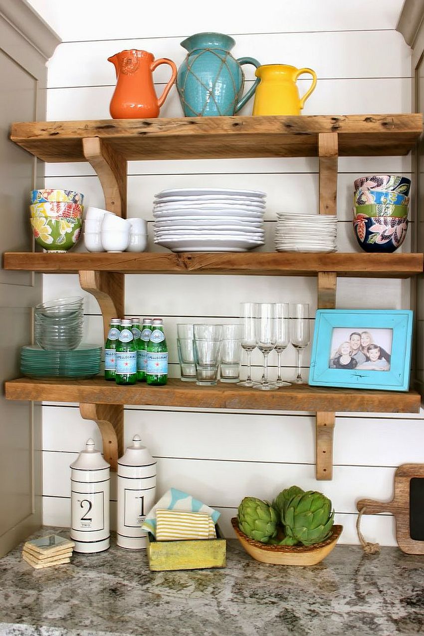 Rustic wooden shelves bring country style to the modern kitchen