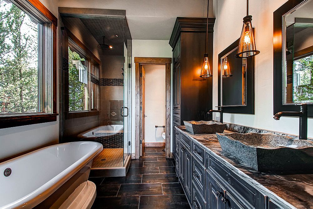 Rustic wooden vanity with granite countertop and stone sinks