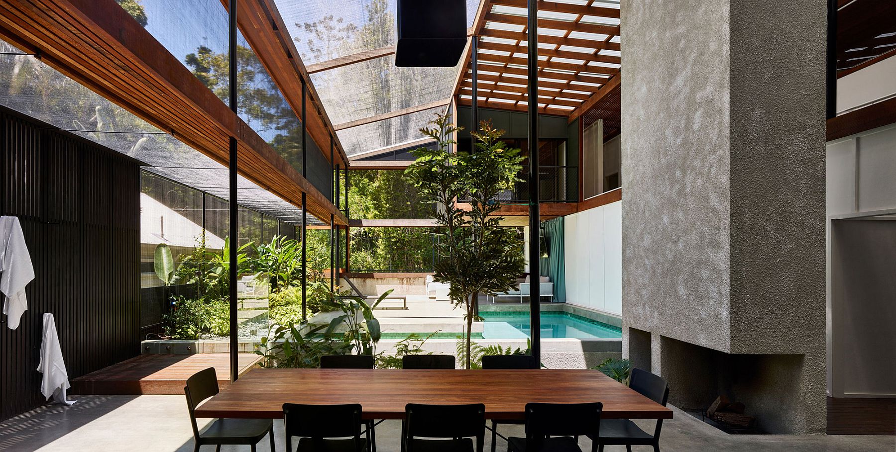 Screened and shaded interior of the open holiday home