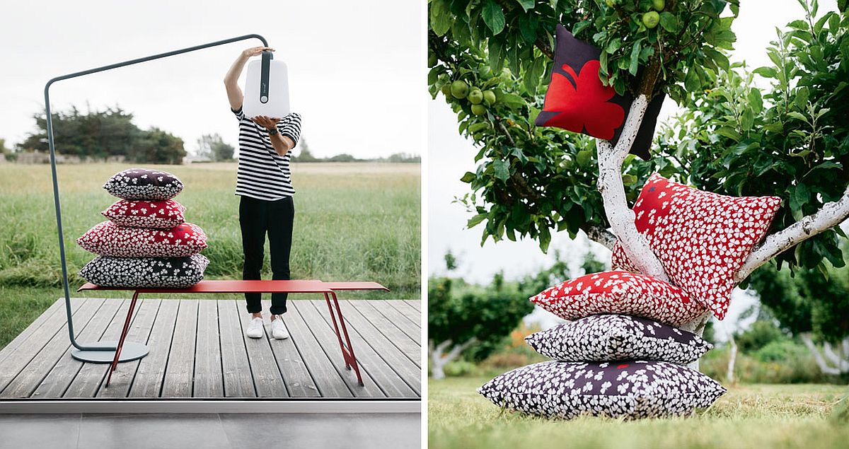 Sleek Origami bench combined with colorful Trefle cushions