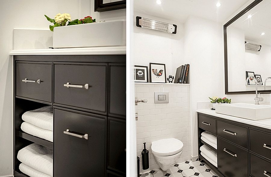 Small black and white bathroom of renovated Tel Aviv apartment