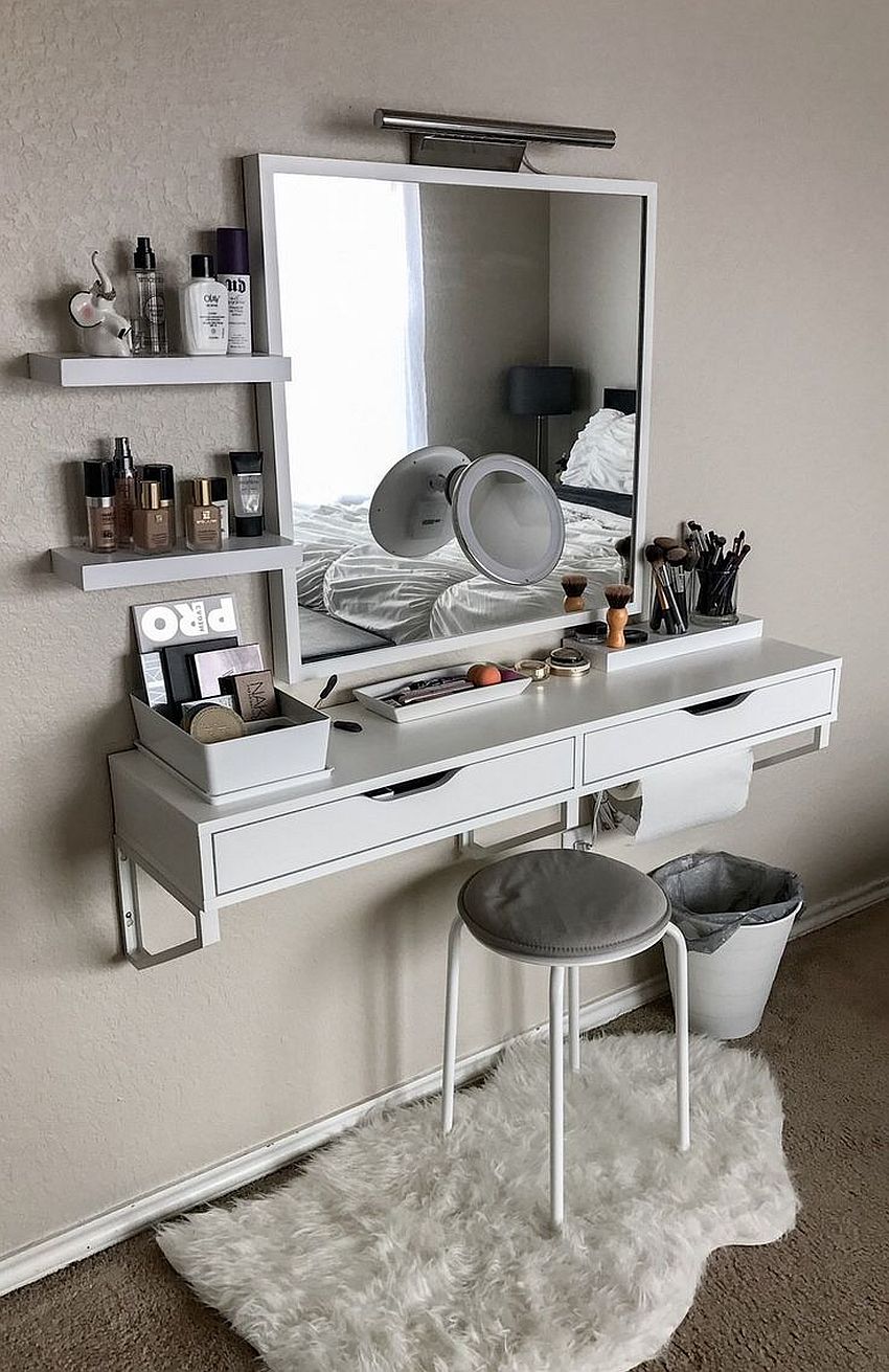 Small floating makeup vanity fits into even the tiniest bedroom