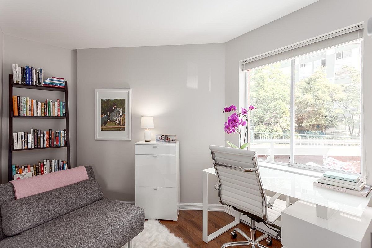 Small home office in white and gray with space-savvy decor